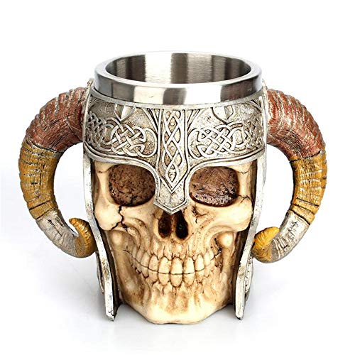 Mookis Viking Drinking Coffee Beer Mug, Stainless Steel Ram Horned Gothic Pirate Skull Mug, Medieval Style Skeleton Tankard Stein for Beer Wine Coffee Rum Drinking Water - 450 Ml(15 Oz)