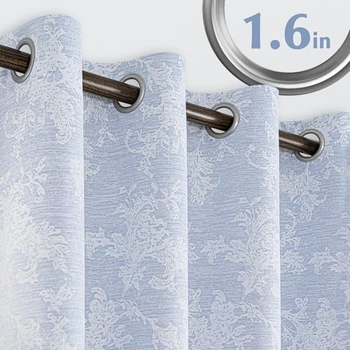 Fmfunctex Blue Floral Jacquard Blackout Curtains for Living Room 90 inch Scroll Flower Curtains for Bedroom Thermal Insulated Chenille Eyelet Curtain Room Darkening Window Curtain Drapes 2 Panels
