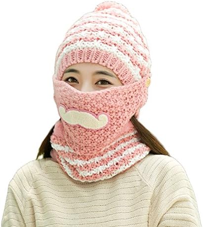 KingBig Winter Knitted Hat, 3-in-1 Cap with Mouth-muffle and Scarf (Pink)