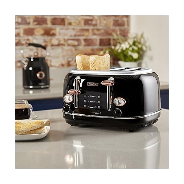 Tower Bottega T20017 4 Slice Stainless Steel Toaster with Variable Browning Control, Defrost and Reheat Settings, Black…
