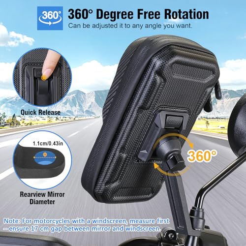 WACCET Waterproof Motorcycle Phone Holder with 360° Rotation with Touch Screen Door Phone Scooter for Phones up to 7.2 Inches (Black)