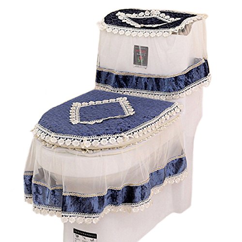 Freahap Toilet Cover Set Lace Bathroom Decor Tank Cover Toilet Lid Cover Toilet Seat Cover Blue