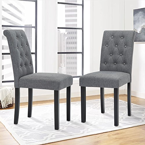 Set of 6 Upholstered Fabric Dining Chairs with Button-Tufted Details (Gray)