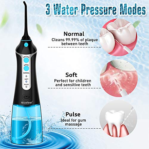 Cordless Water Flosser Oral Irrigator, Nicefeel 300ML 2 Tip Case Portable and Rechargeable Water Flossing for Travel, IPX7 Waterproof 3 Mode Teeth Cleaner with Tongue Cleaner, 4 Jet Tips for Home - Thumbnail 2