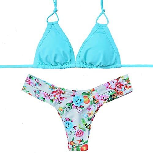 Rubylong Brazilian Push Up Vintage Bikinis Printing Halter Padded Swimsuit 2 Piece,S(US Size 2-4),Bj3016