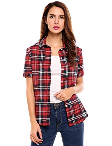 Soteer Women Summer Green Plaid Turn Down Collar Shirts Short Sleeve Loose Blouse