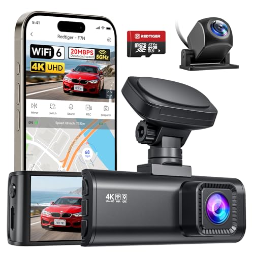 REDTIGER F7N Dash Cam 4K Front and Rear 1080P, 5.8GHz WiFi-20 MB/s Fast Transfer, 2160P/FHD Car Dash Camera with 64GB Card, 3.18" Screen, Smart App Control, Precise GPS, Night Vision, 24H Parking Mode