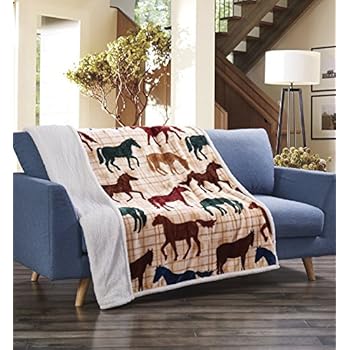 Virah Bella Colorful Horses Beige Plaid Flannel Throw Blanket with Sherpa Backing 50