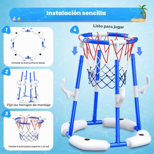HaoVrisn Canasta de Baloncesto para Piscina, Juguetes Piscina 2 en 1, Juegos de Agua para Niños con 4 Pelotas Flotantes, 12 Anillas y Bomba, Juguete Veraniego Familiar para Fiesta en Piscina