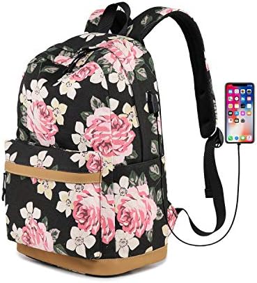 ZJROYAL New Canvas Print Backpack Women's Large Capacity Travel Backpack for Girl's School Student College Business Travel with USB Charging Port 15.6Inch Laptop Bag Flowers Bag