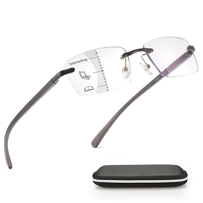 Missfive Premium Aluminum Progressive Multifocus Reading Glasses Men Blue Light Blocking, No-Line Spring Hinge Rimless Office Multifocal Metal Readers,0.75x-1.5x on A Lens for Near Range, Gunmetal