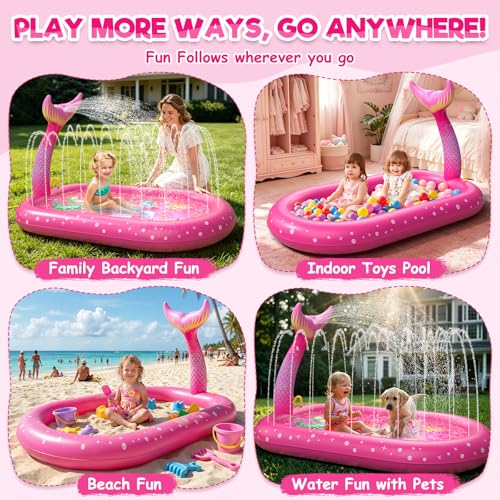 Inflatable Paddling Pool for Kids, Splash Pad for Kids, 3 in 1 Mermaid Pattern Kids Pool Inflatables, Thickened Material with Water Pipe, Backyard Summer Water Toys for Boys and Girls Age 1+
