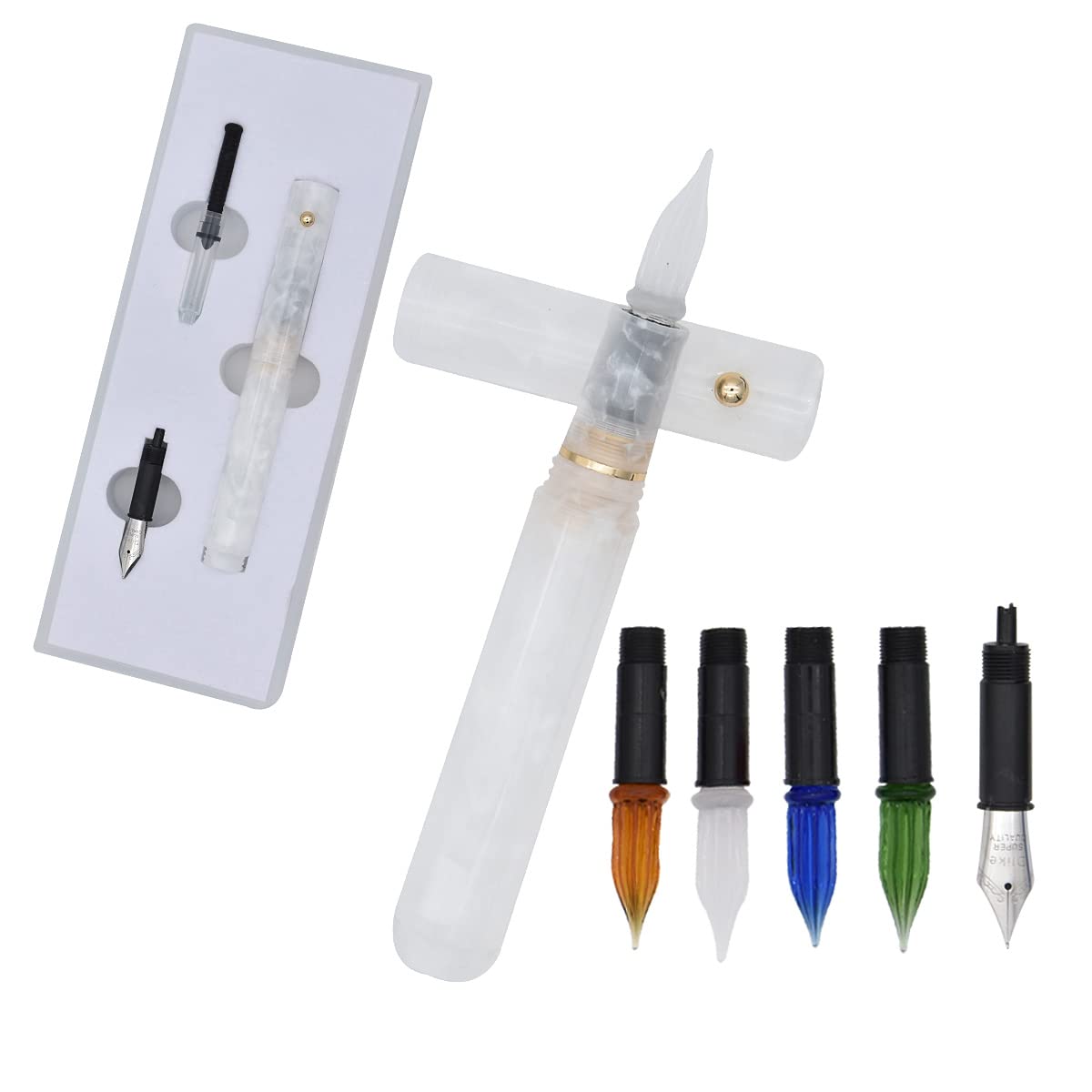 SIPLIV Red Acrylic Multifunctional Dual-Purpose Pen - Glass Dip Pen & Fountain Pen - 5 Replacement Nibs - Travel Size