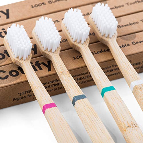 Pacco da 4 spazzolini bamboo Naturali Premium - Setole Morbide no BPA | Biodegradabili | Vegan | Organici | Spazzolino da denti in Legno Ecobio | Funzionale | 4 colori (VERDE, BIANCO, ROSA, GRIGIO)