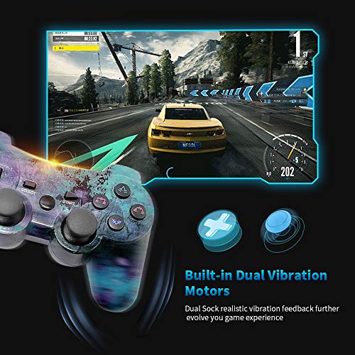 ISHAKO Double Shock PS3 Controller Wireless 2 Pack Bluetooth 6-Axis Gamepad Remote for Playstation 3 with Charge Cable (Purple Cloud + Bronze)