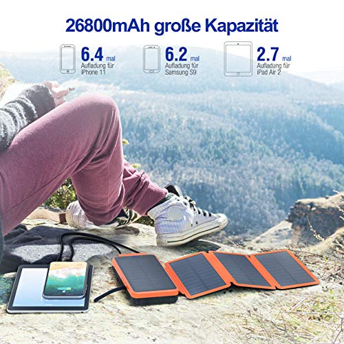 IEsafy 26800mAh Solar Powerbank mit 4 Solar Paneel große Kapazität Solar Ladegerät, geeignet für iPhone, Samsung, iPad, Huawei