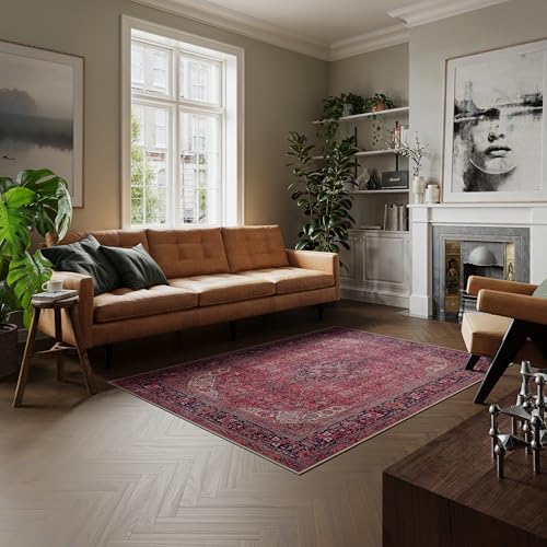 artyrugs Machine Washable Rug, 152x213cm, 75% Recycled Cotton, Short Pile, Non-Slip Backing, Non-Shedding, Suitable for Living Room, Bedroom, Kitchen, Hallway, Office, Aesthetic Crimson Red