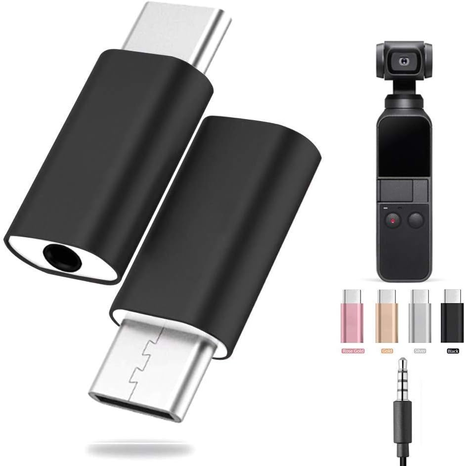 Miji Adapter Alloy Type C USB C to 3.5mm Audio Adapter for External Microphone for DJI Osmo Pocket, DJI Osmo Pocket Accessories (2Pack) (Black)
