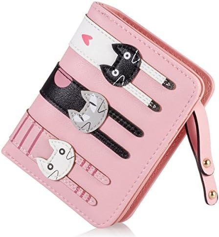 Women's Wallet Short Cartoon Cute Cat Wallet Coin Purse Bifold Purse with Zipper (Pink)