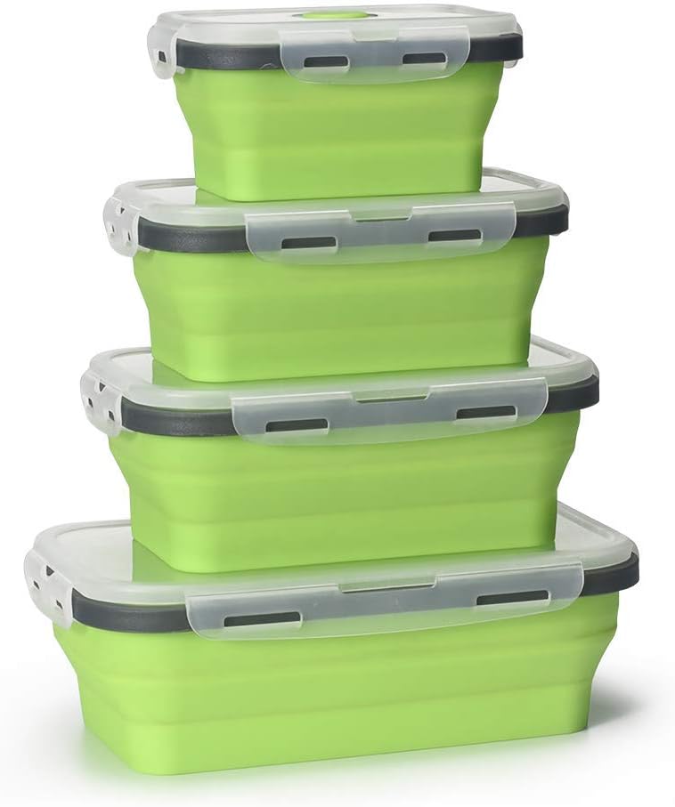 Baskety Collapsible Food Storage Containers - 4 Pack Silicone Bento Lunch Boxes, Insulated Food Containers - Reusable BPA-Free Lunch Containers, (Set of 4(350/500/800/1200ML), Green)