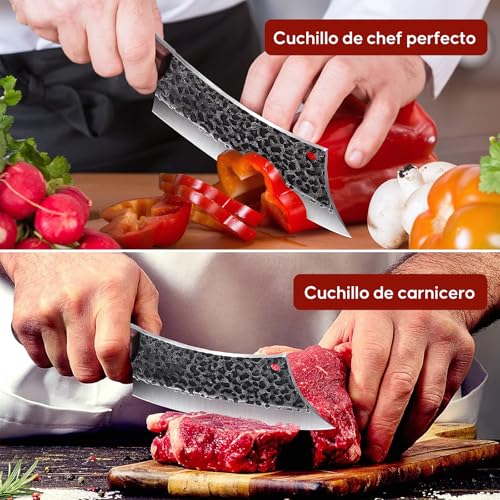 Cuchillo Vikingo Martillado de Acero de Alto Carbono, Cuchillo Carnicero Forjado a Mano con Vaina, para Hogar, Camping, Barbacoa, Restaurante, Corte de Carne