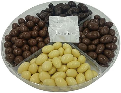 Chocolate Covered Nuts Gift Basket Party Tray, Almond in Milk Chocolate, Hazelnut in Milk Chocolate, Almond in White Chocolate, Cashew in Dark Chocolate. Includes Exclusive HolanDeli Chocolate Mints.