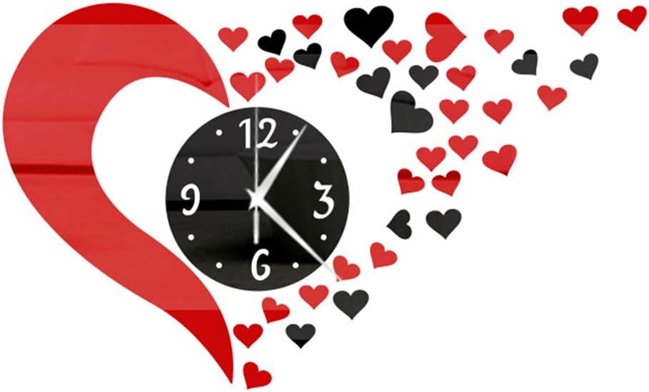 Yililay 3D Mirror Wall Sticker Heart Shape and Clock Plane Decal Acrylic Removable Decals for Room Decoration Black and Red