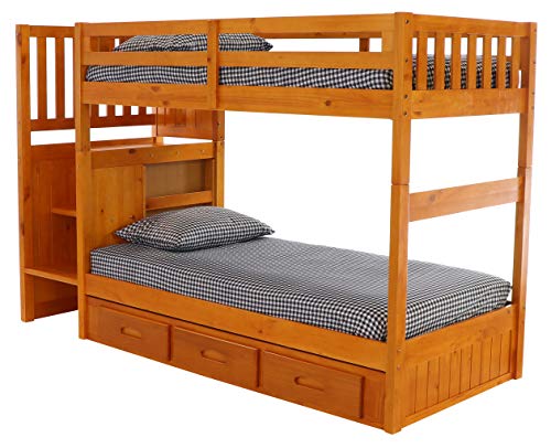 Discovery World Furniture Mission Twin Over Twin Staircase Bunk Bed with Twin Trundle, Honey