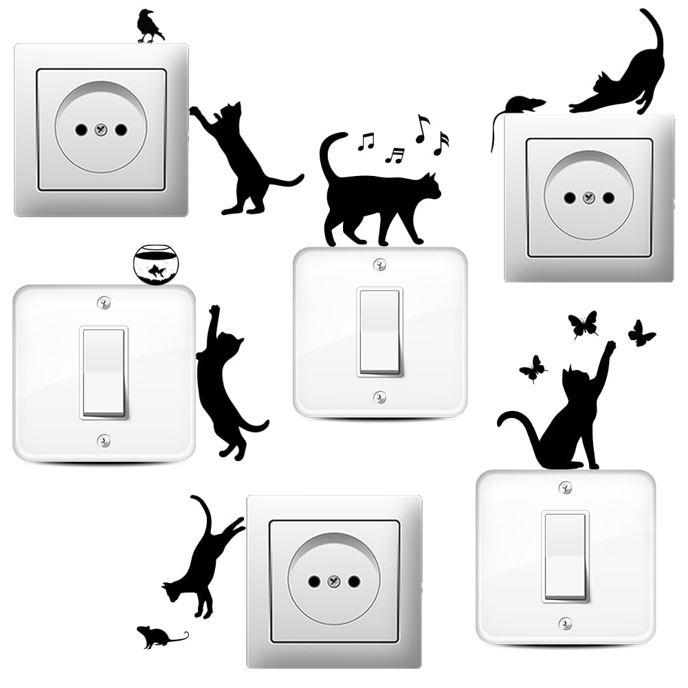 AHANDMAKER 6 Pcs Cat Silhouette Creative Light Switch Stickers, Multicolor Cat Wall Sticker Decals for Light Switch, Outlets, Ledge, Vehicle & Home Art Decor