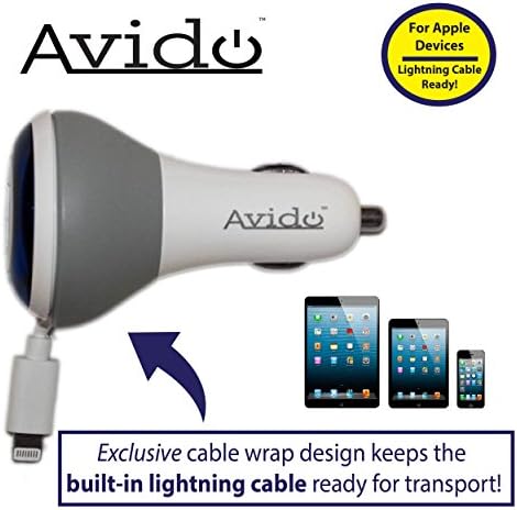 Avido™ Lightning Car Charger with Exclusive *Built-in Cable Wrap* and Two High-Speed 2.4A / 2.1A USB Ports - 2.3 Feet (70cm) - for iPhone 6/ 6s, iPhone 6/ 6s Plus, iPhone 5, iPhone 5c, iPhone 5s, iPad 4, iPad Air, iPad Air 2, iPad Mini, iPad Mini 3, iPod Touch 5, iPod Nano 7. Pefect For Travel and Tangle Free Cables (4.5A, 22W Total Output)- White &amp; Gray w/ Blue LED Indicator Light