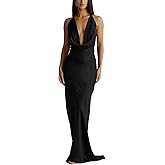 Yeenily Women Sexy Backless Maxi Dress Deep V Neck Sleeveless Halter Neck Formal Dresses Open Back Evening Gowns