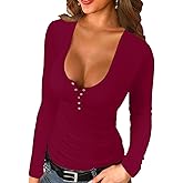 Afibi Women Long Sleeve Tops Scoop Neck Low Cut Slim Fitted Henley Shirt Ribbed Basic Tee Shirts Tops