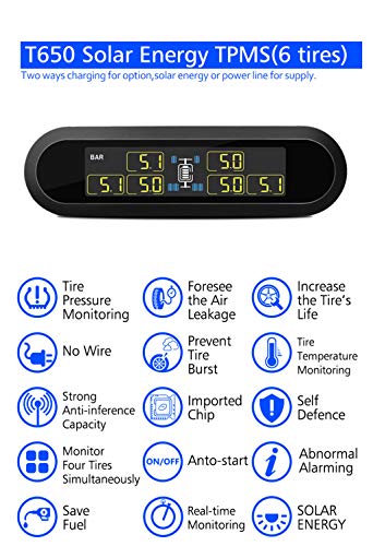 Wireless TPMS Tire Pressure Monitoring System Solar Power with 6 External Sensors Real-time Display Temperature and Pressure LCD Display, Real-time Alarm Function (Black) - Thumbnail 3