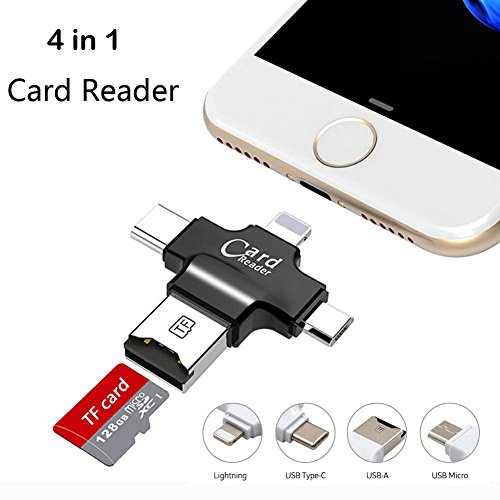 Card Reader 4 in 1 Micro SD Card Reader with USB2.0 Micro USB Type C Lightning Connector OTG HUB Adapter, TF Flash Memory Card Reader For iPhone iOS/Android/PC/OS X