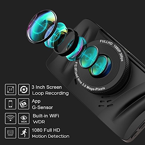 Dash Cam Bymore In Car Camera DVR Full HD 1080P,3'' LCD Screen,170°Wide Angle Dashboard Camera Recorder with WiFi&App,Night Vision,G-sensor, Motion Detection