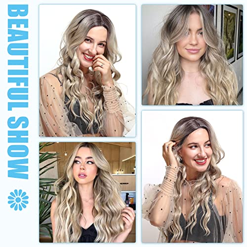 POPYAIYU Long Wavy Synthetic Wig 24Inch Ombre Blonde Wigs for Women Middle Part Wig with Dark Roots Natural Looking Heat Resistant Hair for Party Daily Use(Ombre Blonde)
