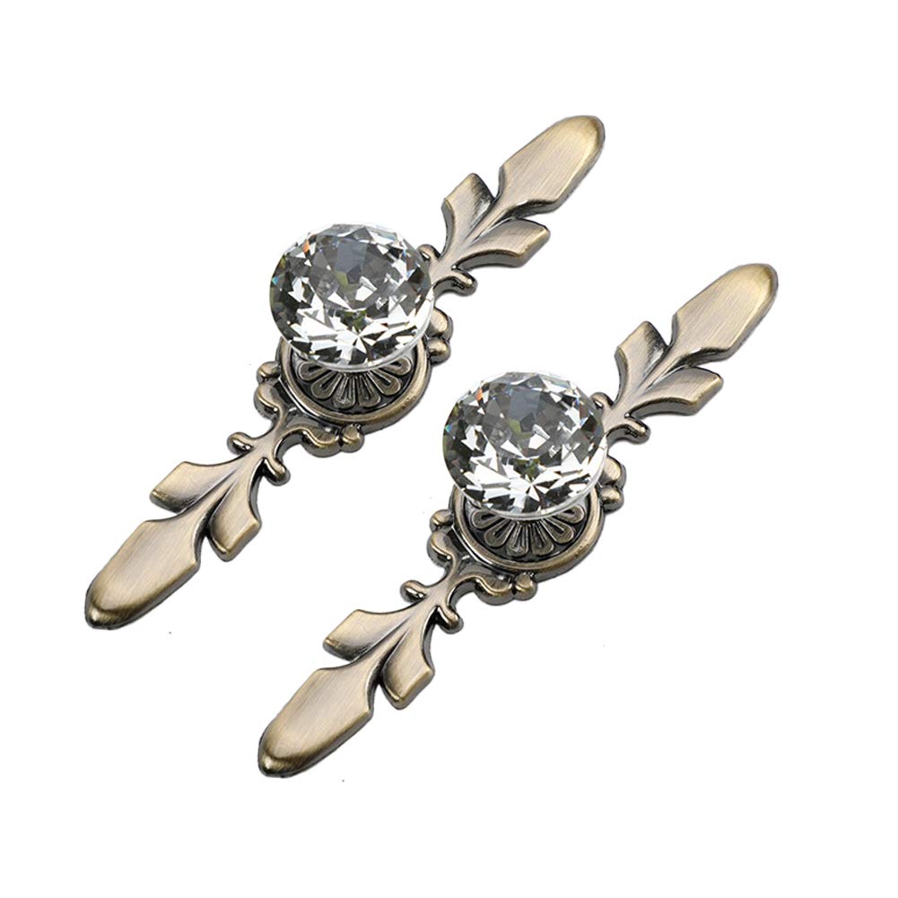 BOZONLI 2 Pack Crystal Drawer Knobs Diamond Shape Cabinet Door Knobs Cupboard Wardrobe Drawer Pull Handles with 120mm Bronze Leaf Plate