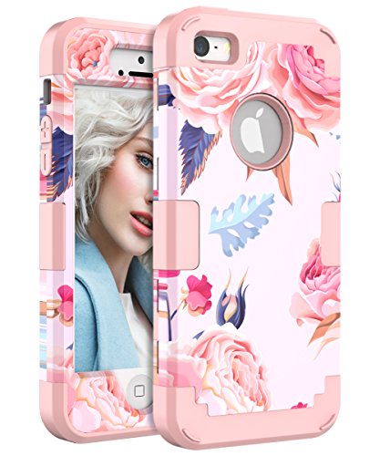 iPhone 5 Case, iPhone 5S Case, iPhone SE Case, Lokass Shockproof Scratch-Resistant Impact Protection Anti-Finger print Plastic+TPU Case for iPhone 5/5S/SE For Women/Girls, Flowers Rose Gold