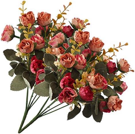 Fionat 7 Branches Artificial Flower Bouquet Silk Mini Rose Bunch Home Wedding Offfice Decor. Pack of 2 (Rose Coffee)
