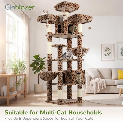Globlazer Leopard Cat Tree XXL 209 cm with 3 Padded Perches, 2 Niches, Large Platforms, 2 Baskets, Plush Toys, Huge, Stable Cat Trees for 3-5 Cats Indoor (F82, Leopard)