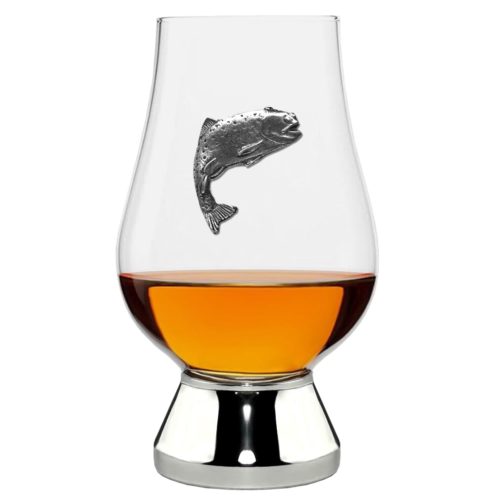 English Pewter Company Glencairn Whisky Glass 200ml with Pewter Trout Fishing Badge and Base [WGP023]