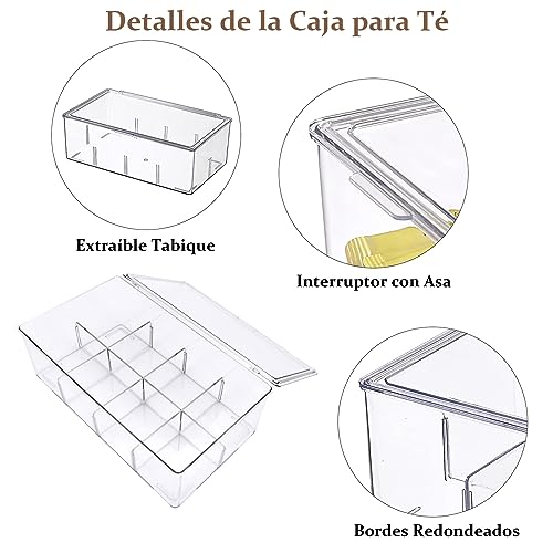 Caja para Té con 8 Compartimentos con Tapa Abatible, Organizador de Te para Infusiones, Bolsas de Té, Sobres de Café y Azúcar, Porta Te de Acrilico para Nevera, Armario, Despensa, Encimeras de Cocina
