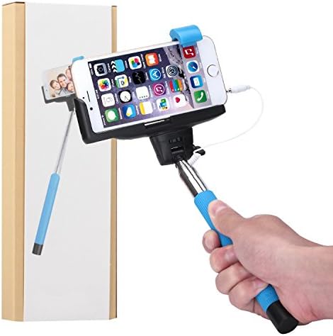 Selfie Stick, nilogie® Plug-N-Snap NIL-207 Self Portrait Extendable Handheld Monopod Stick with Adjustable Phone Holder with Built-in Remote Shutter - Charge Free - Designed for Apple iPhone and Android Smartphones - Blue