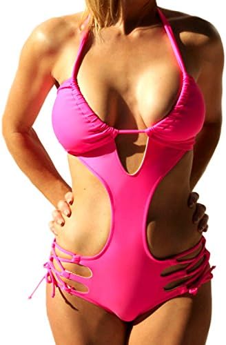 Happy Sailed Women Halter Strappy Plunge Padded One Piece Monokini Bathing Suits, Large Rosy
