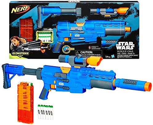 Nerf Year 2016 Star Wars Rogue One Series CAPTAIN CASSIAN ANDOR (EADU) Blaster with Lights and Sounds Plus Clip, Scope, Tactical Rail, Motorized Trigger, Stock and Glowstrike Darts