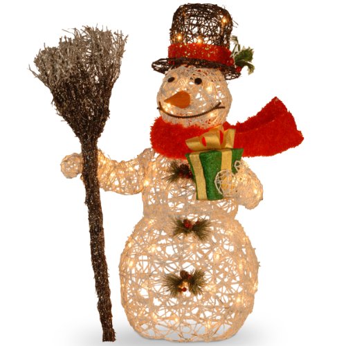 National Tree 27 Inch White Ratton Snowman Holding Gift and Broom with 50 Clear Outdoor Lights (MZWR-27LO)