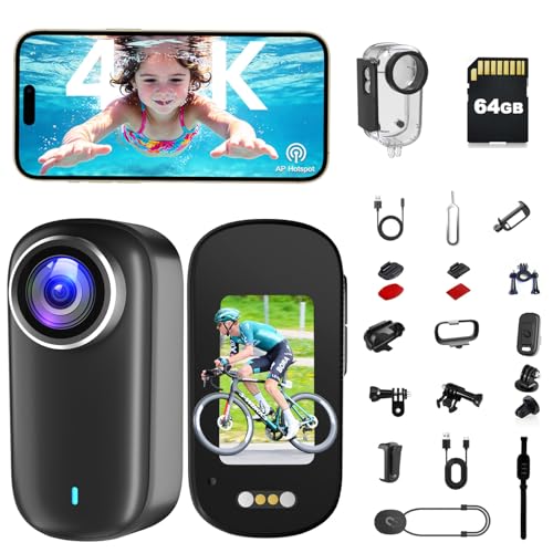 Veralyxa Sports Camera, Mini Sports Camera 4K UHD WiFi with 64GB Card, IP65 Waterproof Portable POV Camera, Action Cam - Up to 240 Minutes Battery Life (1200mAh)
