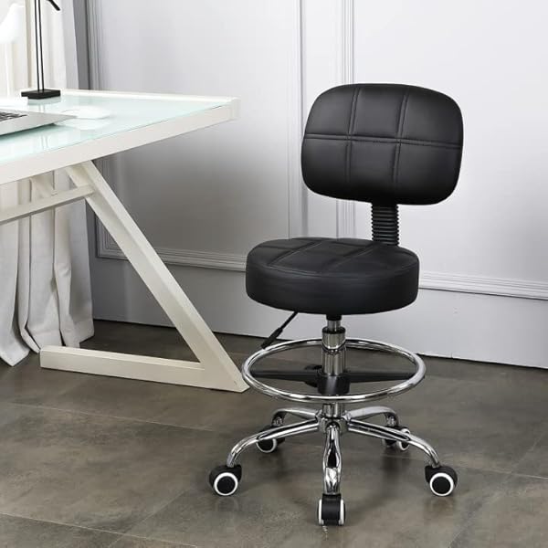 KKTONER SWIVEL ROUND ROLLING STOOL PU LEATHER WITH ADJUSTABLE FOOT REST HEIGHT ADJUSTABLE TASK WORK DRAFTING CHAIR WITH BACK (BLACK)