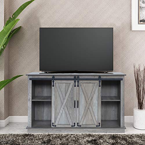 GHQME Sliding Barn Door TV Stand，58 Inch Storage Table，3 Tiers Wood