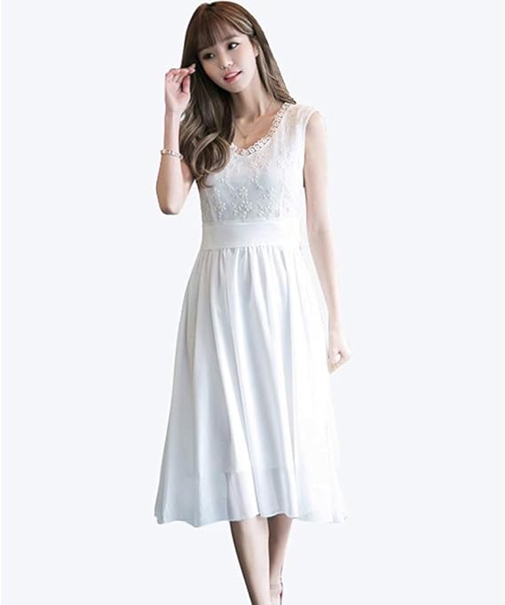 Amazon レース ワンピース 白 ドレス レディース ノースリーブ 透け感 ミモレ丈 ひざ丈 シフォン 花柄 刺繍 披露宴 二次会 パーティー S ワンピース チュニック 通販